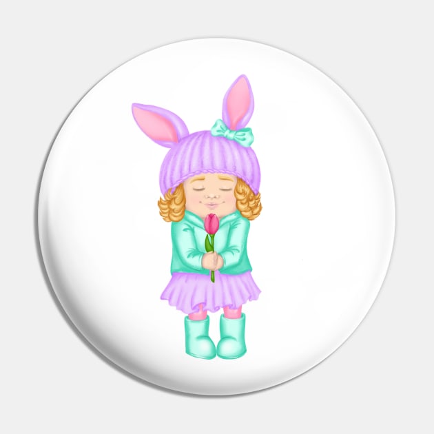 Baby girl in bunny hat and spring clothes with flower. Spring print Pin by Ayaruta