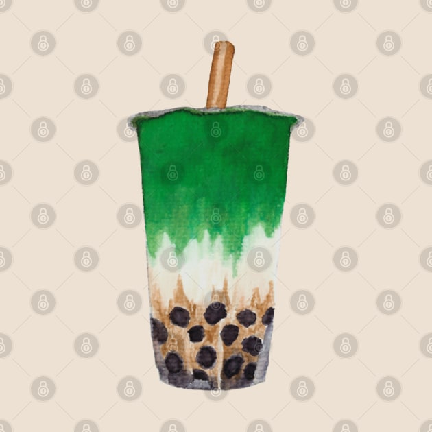 Matcha Bubble Tea Watercolour Design by toffany's