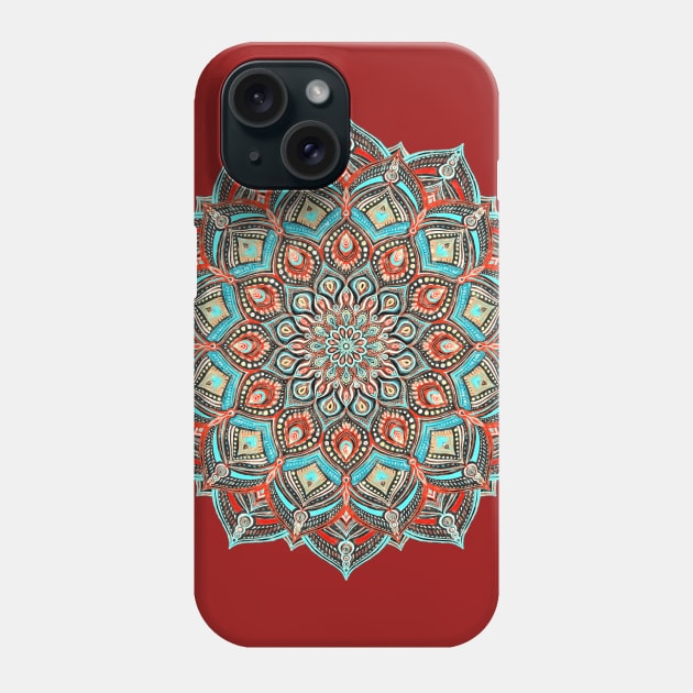 Teal, Red and Black Boho Painted Mandala Phone Case by micklyn