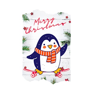 Merry Christmas Penguin with Skateboard T-Shirt