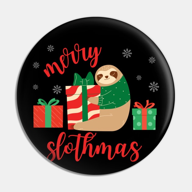 Merry Slothmas Sloth with Christmas Presents Pin by TeaTimeTs