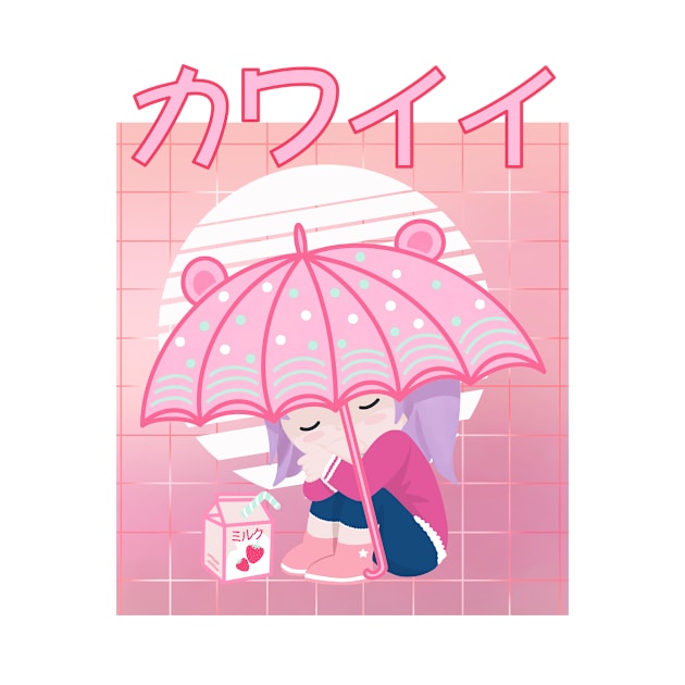 90s Japanese Kawaii Sad Girl Pink Japanese Strawberry Milk by gogo-jr