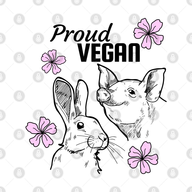 Proud vegan design featuring pig, rabbit and pink flowers by Purrfect