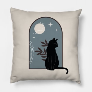 Black cat with plants and night sky in vintage boho minimalist style Pillow