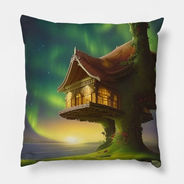 House in a Tree in the Galaxy Pillow by ArtStudioMoesker