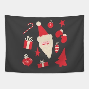 Red and White Retro Santa Pattern on Green Tapestry