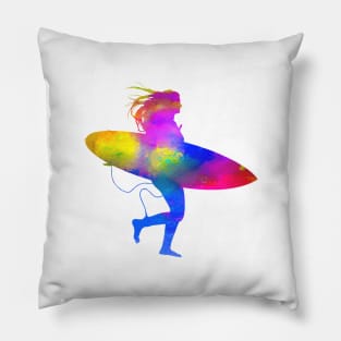 Running Woman on Beach with Surfboard Pillow