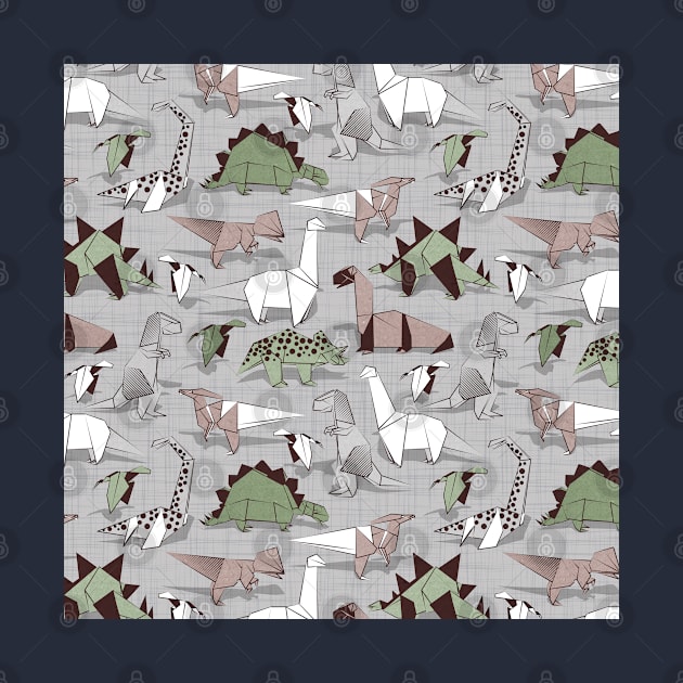 Origami dino friends // pattern // grey linen texture background green white and beige dinosaurs by SelmaCardoso