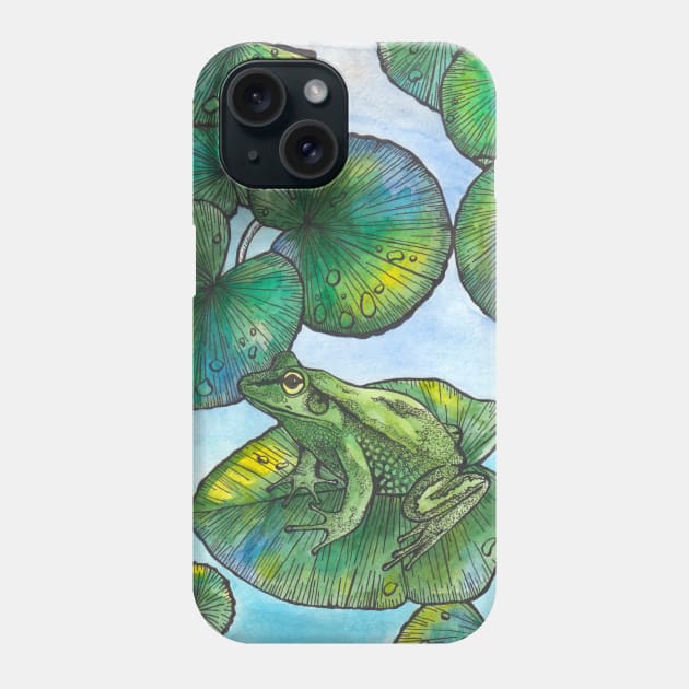 Frog on leaf and blue lake Phone Case by deadblackpony