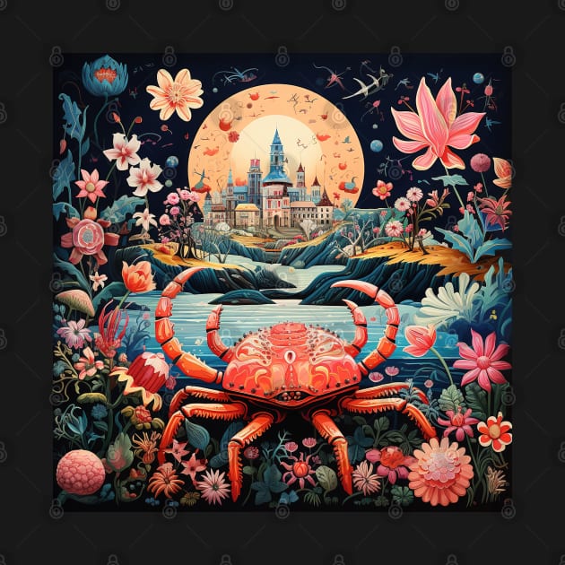 Surrealistic Folk Art Dark Floral Motif Crab Design by The Little Store Of Magic