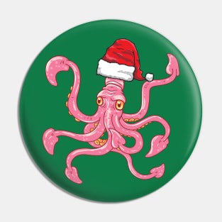 Santa Hat-Wearing Pink Squid Funny Christmas Holiday Pin