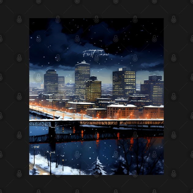 Portland Oregon First Snow: First Snow Scene in Downtown Portland, Oregon on a Dark Background by Puff Sumo