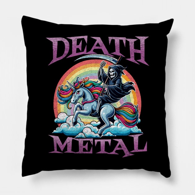 Grim Reaper Riding Unicorn - Funny Rainbow Clouds Death Metal Pillow by Lunatic Bear