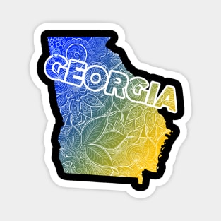 Colorful mandala art map of Georgia with text in blue and yellow Magnet