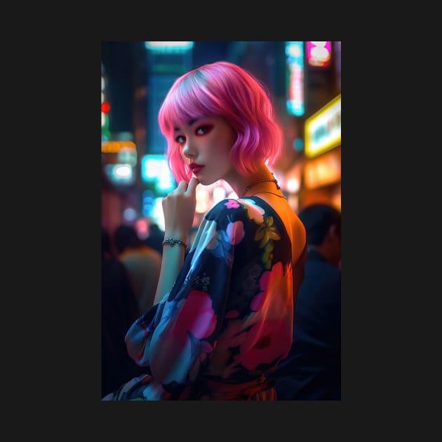 Cyberpunk Girl in Neon Tokyo, a Gaming Room Wall Art by mikath