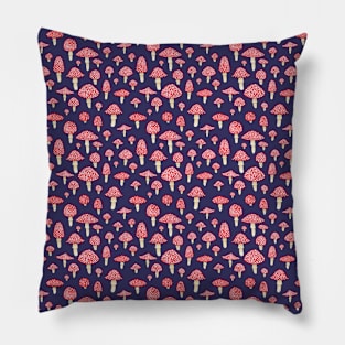 Amanita Mushrooms Red on Blue Pillow