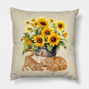 Watercolor sunflowers and orange cats Pillow