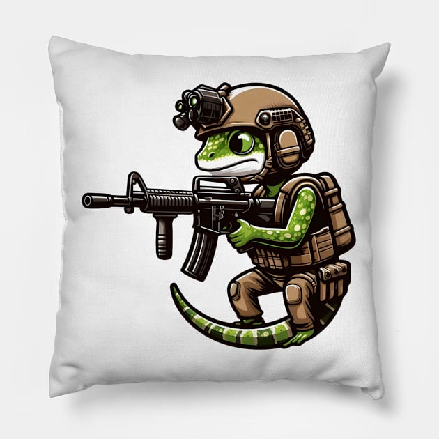 Tactical Gecko Pillow by Rawlifegraphic