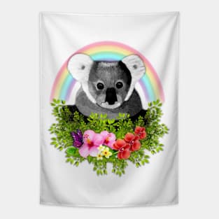 Cute Koala with Flowers, Rainbow and Butterfly Tapestry