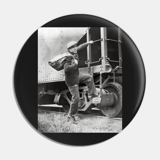 Riding the Rails, 1935. Vintage Photo Pin by historyphoto