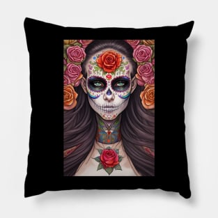 Woman in Traditional Sugar Skull Makeup - Sugar Skull Art Pillow