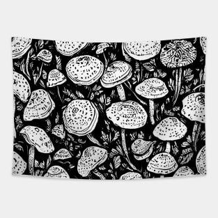 Black and White Mushroom Lino Print Tapestry