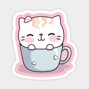 Cute Kawaii Kitty in a Blue Coffee Cup Magnet