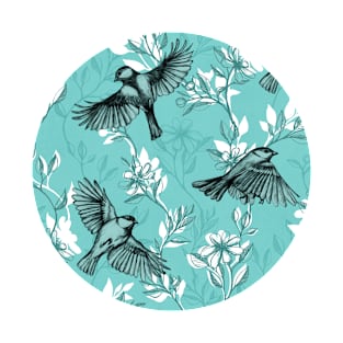 Flowers and Flight in Monochrome Teal T-Shirt