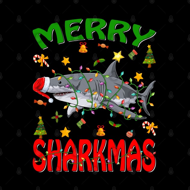 Santa Hat Shark Merry Sharkmas Christmas PJ Pajama T-Shirt by intelus