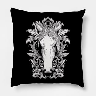 White Horse In Floral Victorian (White) Pillow