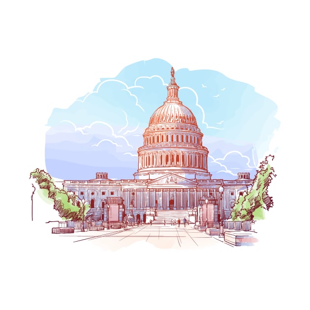 Panorama of the US Capitol. Painted Sketch isolated on white background. EPS10 vector illustration. by AntonVTokarev