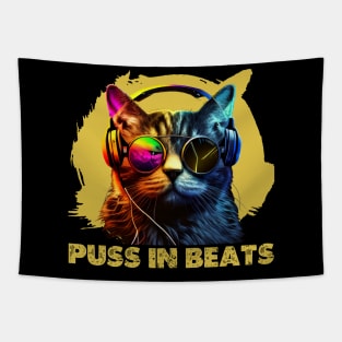 Puss in Beats, Funky Cat in DJ Headphones Tapestry