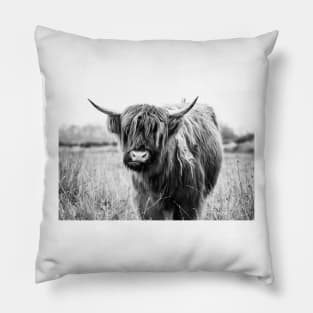 Highland Cow Landscape, Black and White Pillow