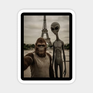 Selfie of Bigfoot and Alien in Paris-Eiffel Tower Magnet