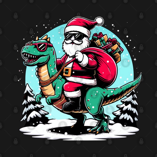 Funny Santa riding a Dinosaur with a bag of presents by Origami Fashion