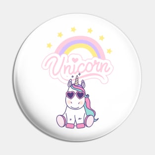 Cute Unicorn with Glasses, Rainbow, And Stars Pin