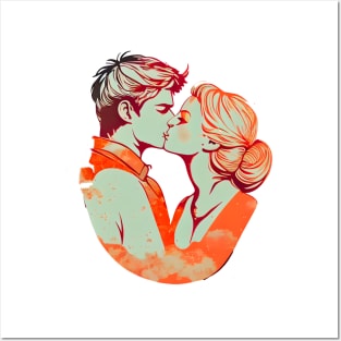 Romantic drawing of a kiss on the cheek. Cute couple sketch. Poster