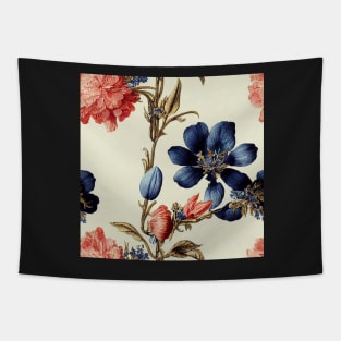 Peach Red and Blue Floral Design on Off White Ivory Background Tapestry