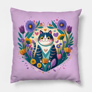 Cat In Heart Shaped Flowers Pillow