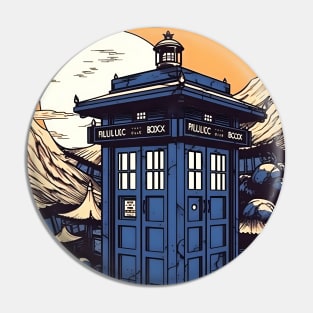 Blue illustration of tardis in Japan on sunset Pin