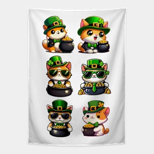 Cat Leprechauns With Pots of Gold - Stickers 2 - Saint Patrick Tapestry