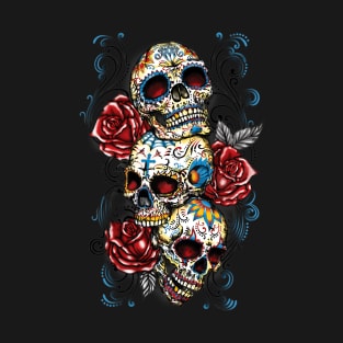 Sugar Skull Roses Three Skull Day of the Dead T-Shirt