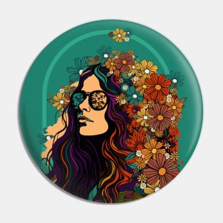 Hippie Style Girl And Colorful Flower Garden Retro Aesthetic Pin