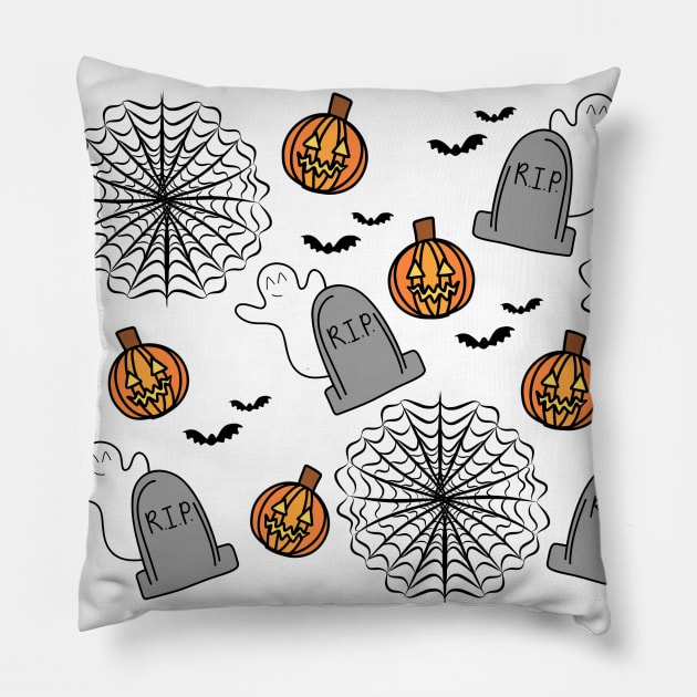 Cobwebs, Bats, Pumpkins, and Ghosts Halloween Doodle Pattern, made by EndlessEmporium Pillow by EndlessEmporium