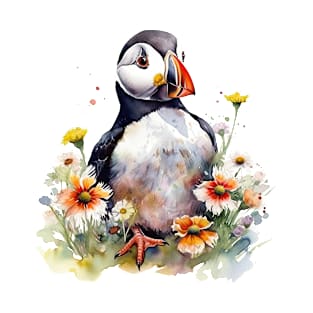 Watercolor Puffin in a Colorful Flower Field T-Shirt