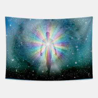 Man in rainbow light and stars Tapestry