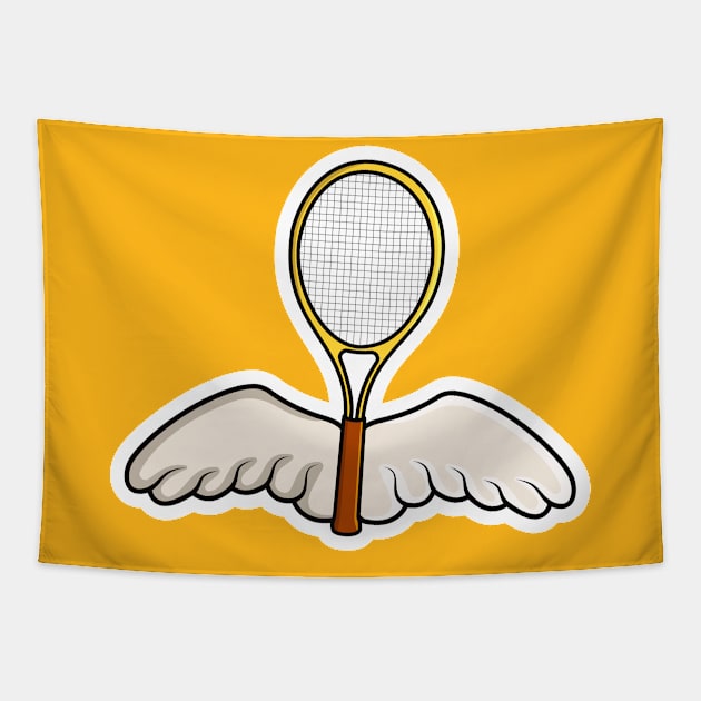 Tennis Racket and Wings Sticker vector illustration. Sports objects icon concept. Tennis with wings logo vector. Flying racket sticker design with shadow on pink background. Tapestry by AlviStudio