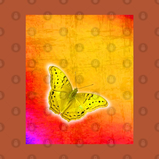 Glowing yellow butterfly on vibrant textured background by hereswendy