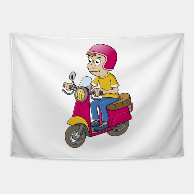 Cartoon illustration of a young boy on a motorbike Tapestry by Stefs-Red-Shop