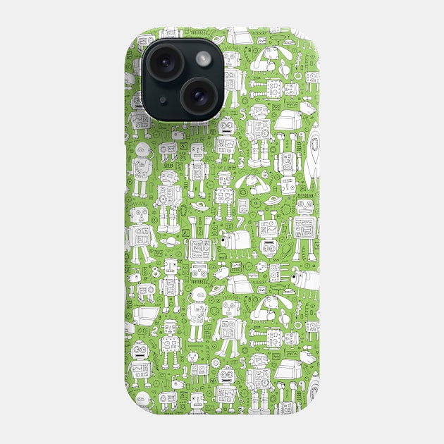 Robots in Space - retro green pattern Phone Case by Cecca